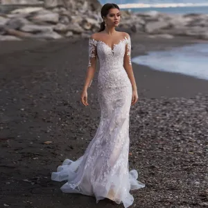 Scoop Long Sleeves Mermaid Wedding Sweep Train Lace Bridal Gown Dress