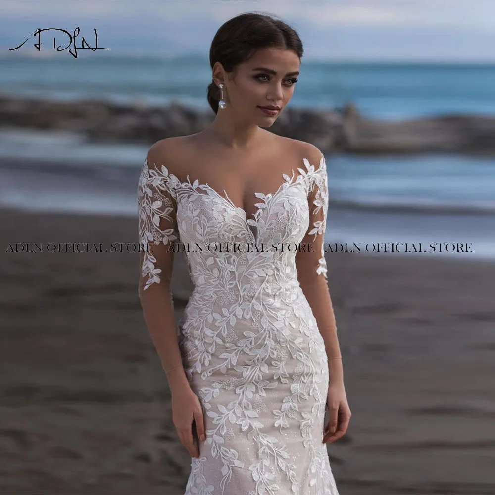 Scoop Long Sleeves Mermaid Wedding Sweep Train Lace Bridal Gown Dress