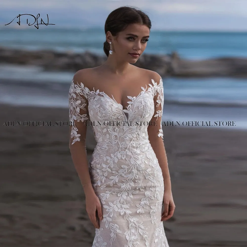 Scoop Long Sleeves Mermaid Wedding Sweep Train Lace Bridal Gown Dress