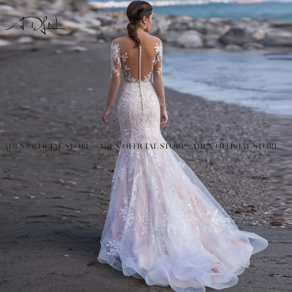 Scoop Long Sleeves Mermaid Wedding Sweep Train Lace Bridal Gown Dress