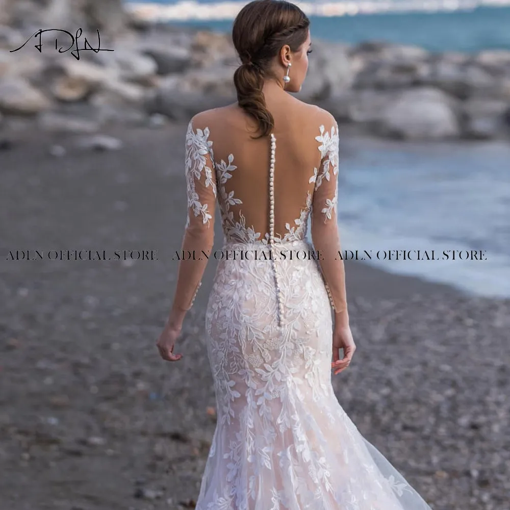 Scoop Long Sleeves Mermaid Wedding Sweep Train Lace Bridal Gown Dress