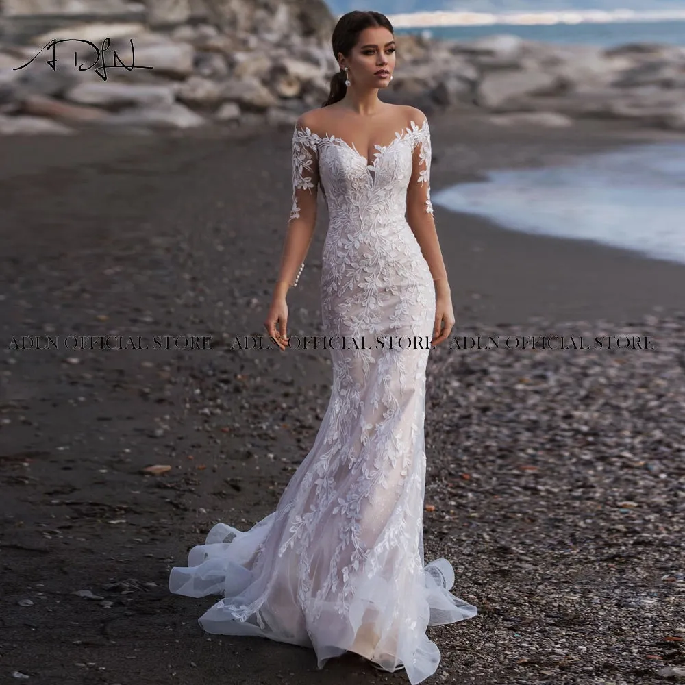 Scoop Long Sleeves Mermaid Wedding Sweep Train Lace Bridal Gown Dress
