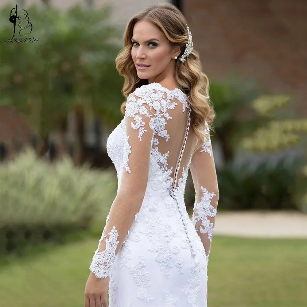 Sexy Illusion Lace Appliques Wedding Dresses Mermaid Long Sleeves Bride Gowns Bridal Robes Cheap Wedding Button Robe De Mariee