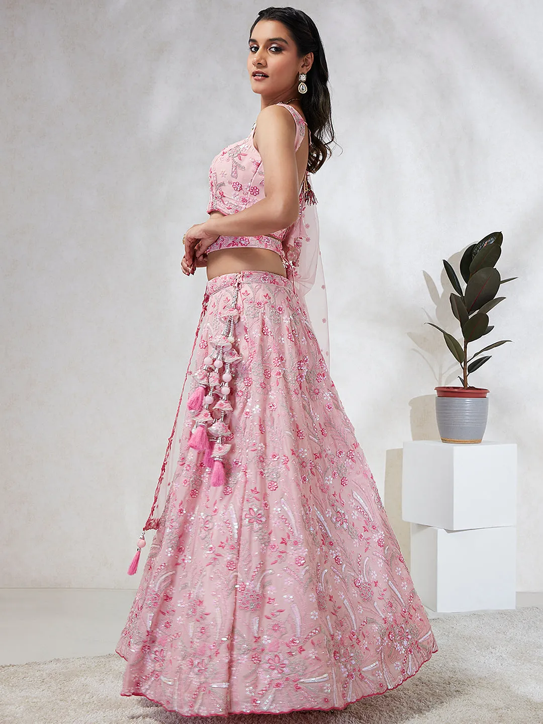 Shimmering Pink Georgette Lehenga Choli Set with Sequins & Thread Embroidery