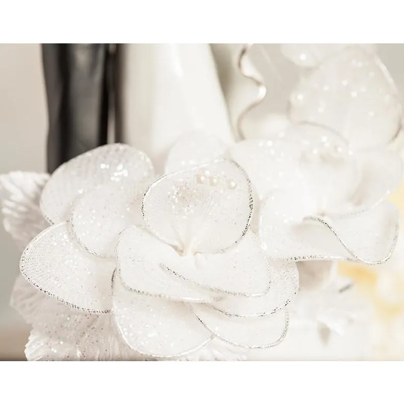 Silver and White Bride and Groom with Ivory Vintage Glitter Flower Wedding Cake Topper