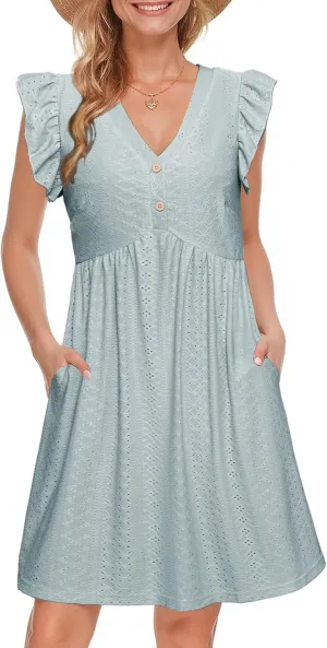 Simplee Womens Summer Short Sundress Casual Ruffle Sleeve Mini Dress 2025 Boho Beach Wedding Guest Eyelet Dresses with Pocket