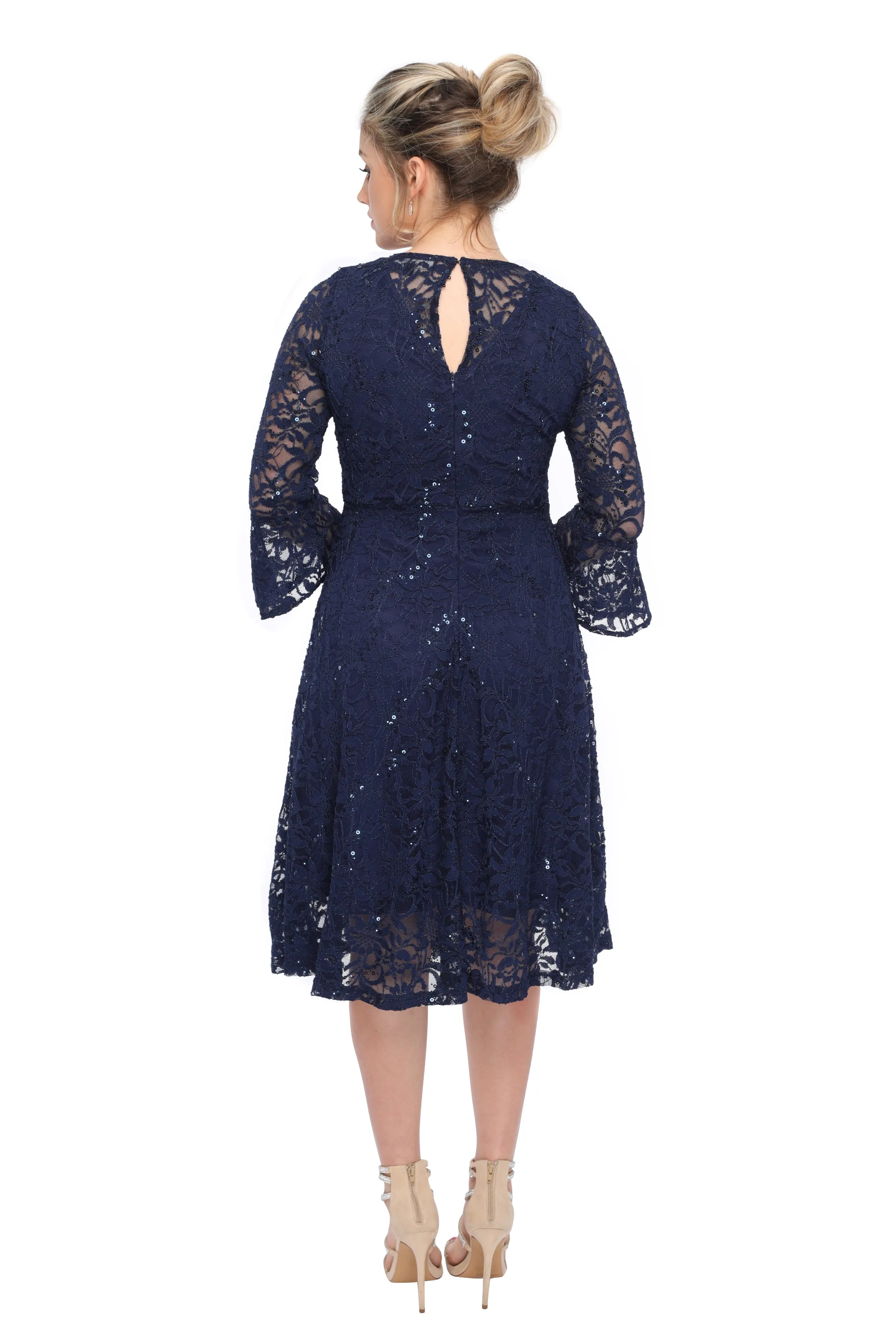 SleekTrends Women's Sequin Lace Bell Sleeve Fit and Flare Party Dress