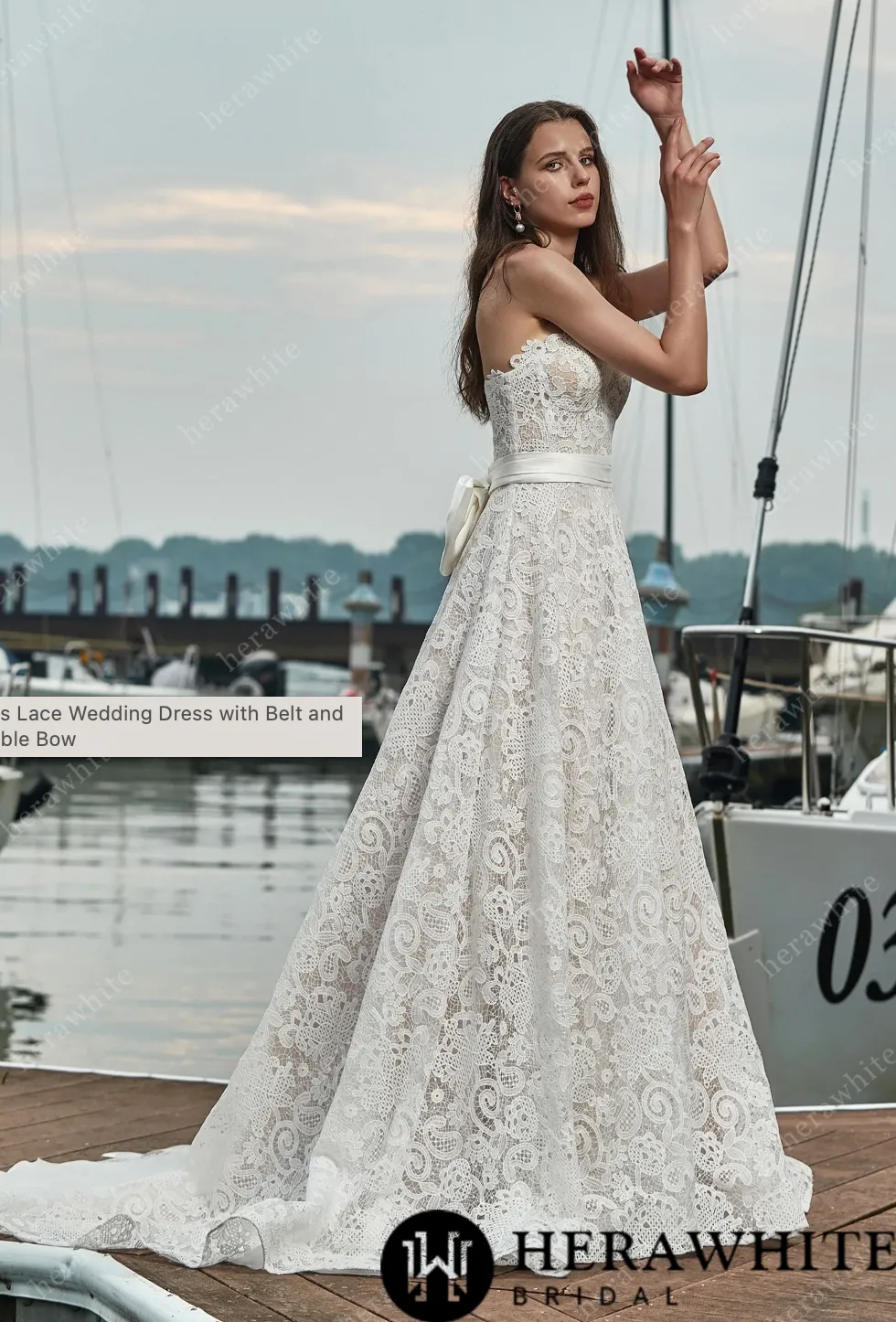 Strapless Lace Wedding Dress with Belt and Detachable Bow