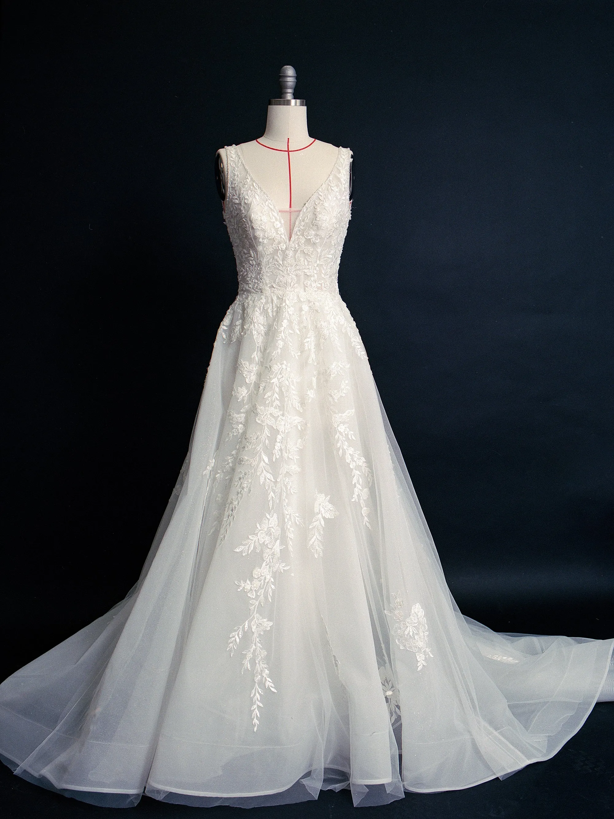 Style E2401 - Deep V neck thin strap Small Floral Twig Lace low back illusive back A-line gown