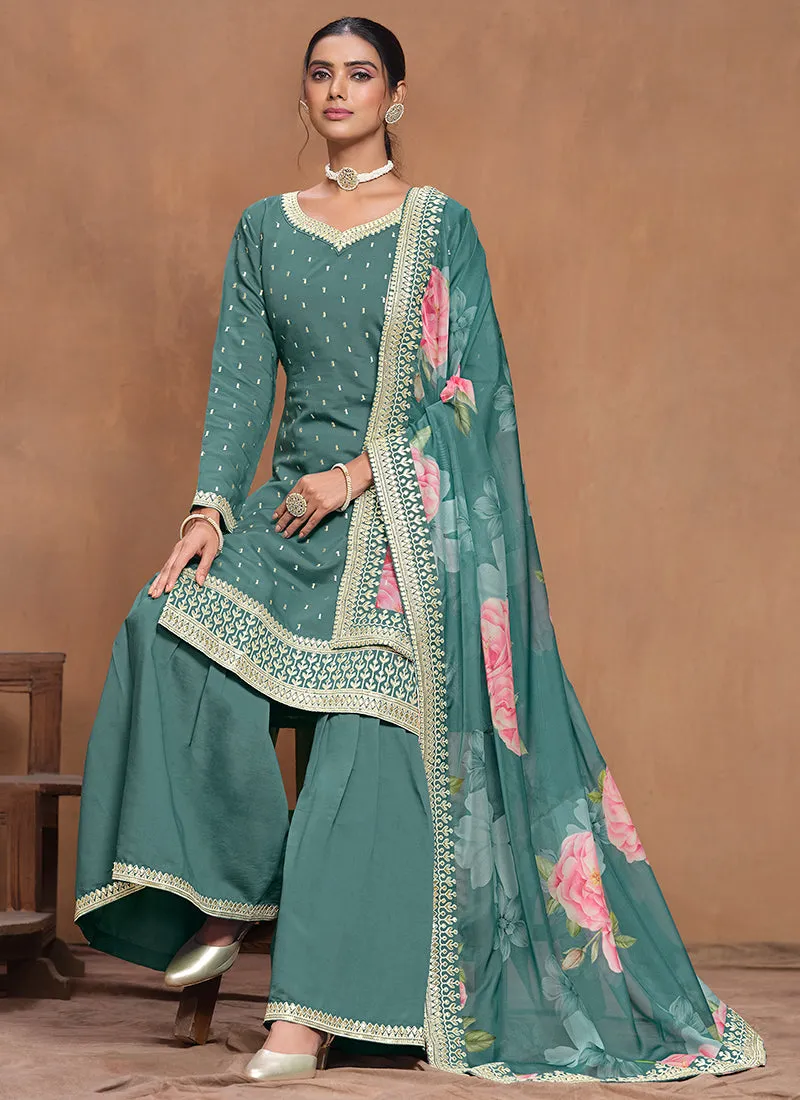 Teal Blue Embroidered Silk Gharara Suit