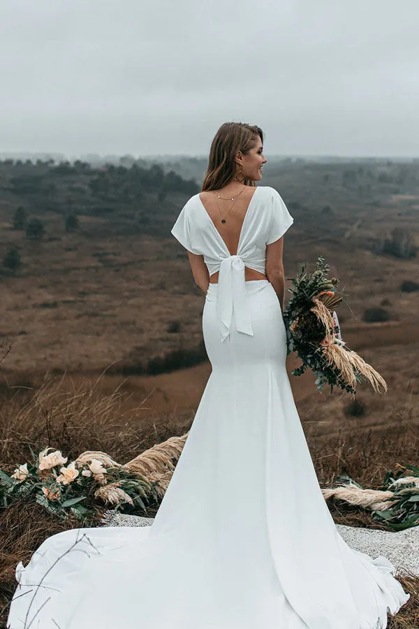 Trumpet Short Sleeve Stretch Satin Wedding Dress