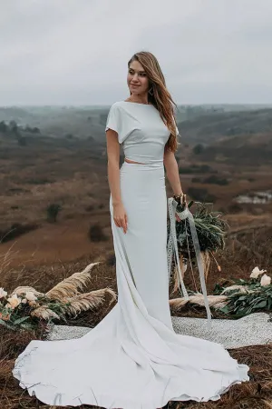 Trumpet Short Sleeve Stretch Satin Wedding Dress