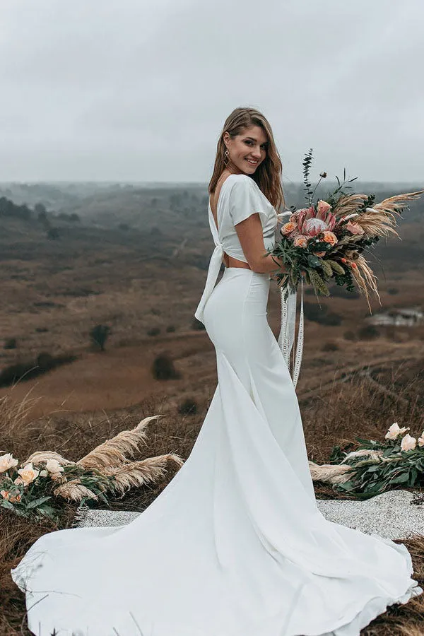 Trumpet Short Sleeve Stretch Satin Wedding Dress