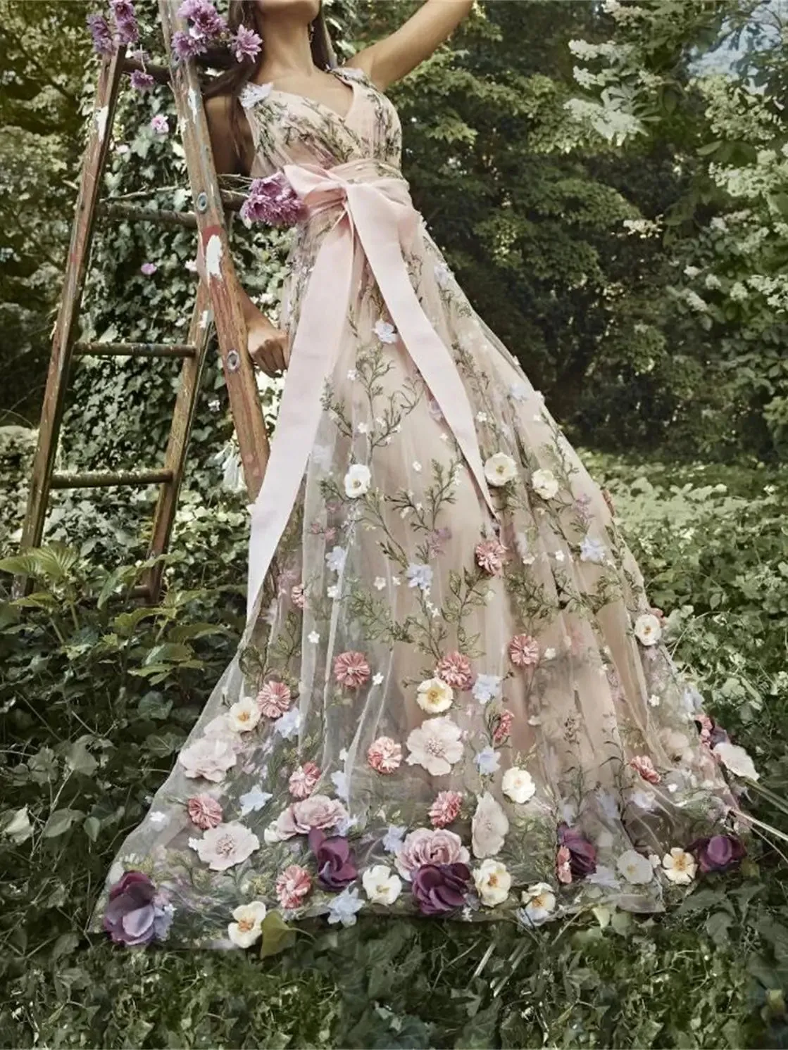 Uniwim 2024 Casual Dress Garden 3d Floral Lace Wedding V-Neckless A-Line Long Gauze Bridal Floral Party Champagne Belt Bow Elegant Gala
