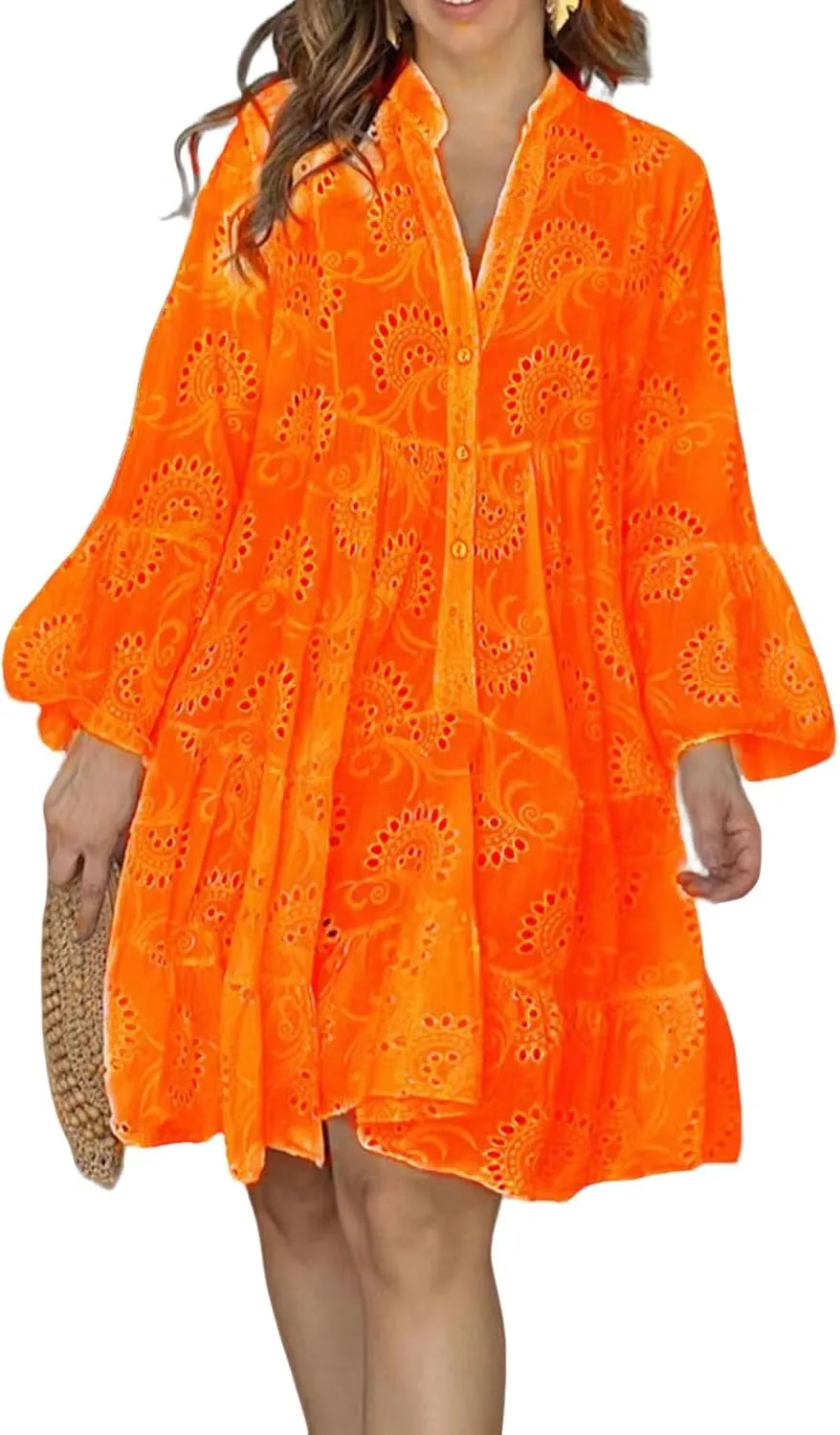 utcoco Womens Lined Embroidered Lace Eyelet 3/4 Trumpet Sleeve V Neck Half Button Swing A Line Mini Dresses