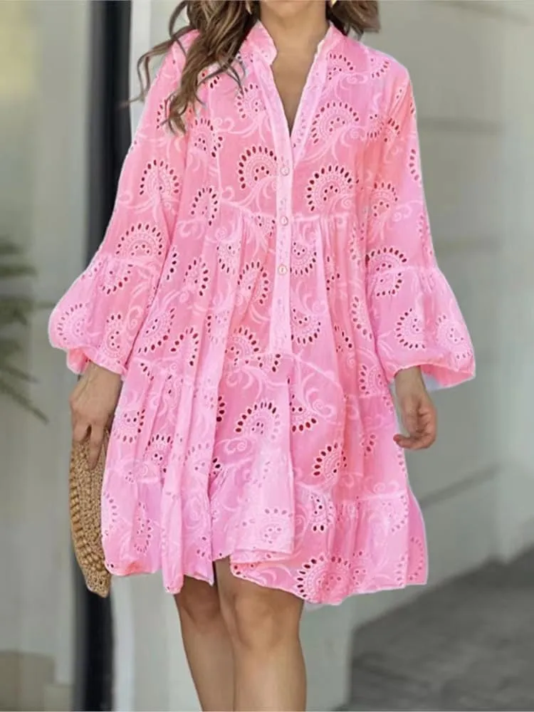 utcoco Womens Lined Embroidered Lace Eyelet 3/4 Trumpet Sleeve V Neck Half Button Swing A Line Mini Dresses