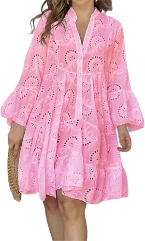 utcoco Womens Lined Embroidered Lace Eyelet 3/4 Trumpet Sleeve V Neck Half Button Swing A Line Mini Dresses