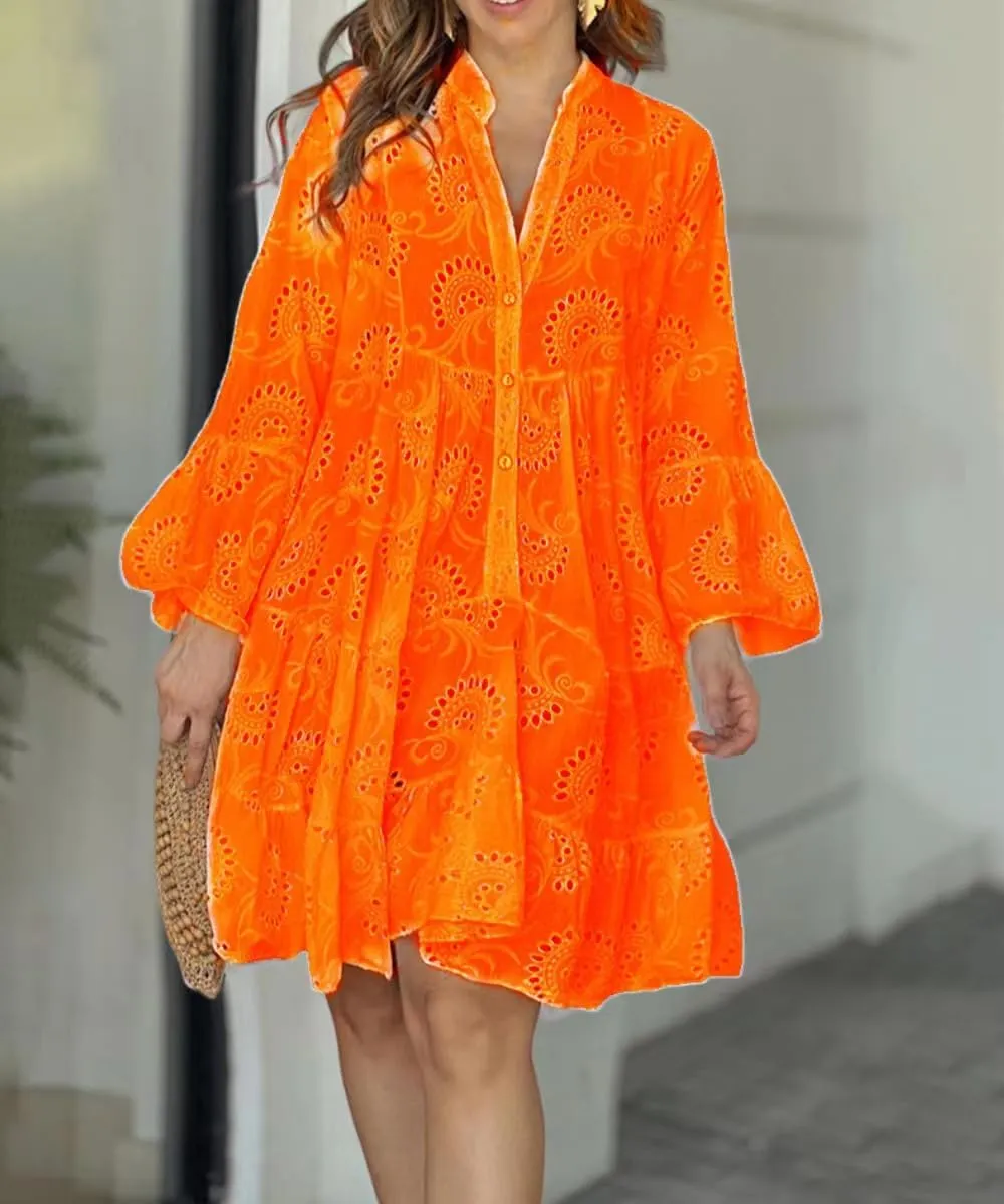 utcoco Womens Lined Embroidered Lace Eyelet 3/4 Trumpet Sleeve V Neck Half Button Swing A Line Mini Dresses