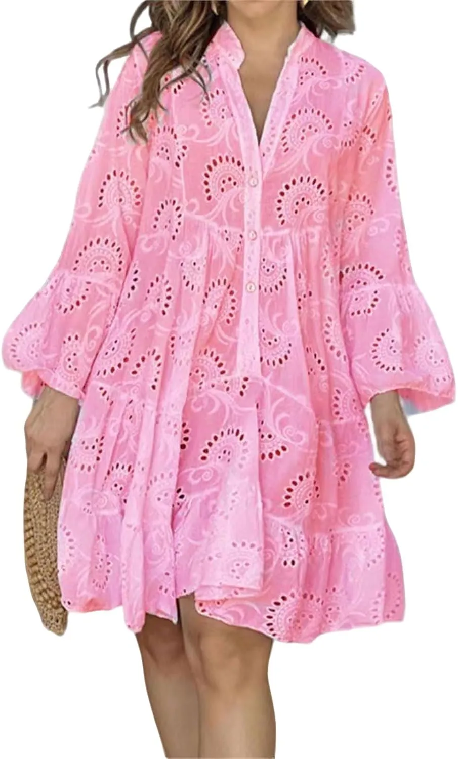 utcoco Womens Lined Embroidered Lace Eyelet 3/4 Trumpet Sleeve V Neck Half Button Swing A Line Mini Dresses