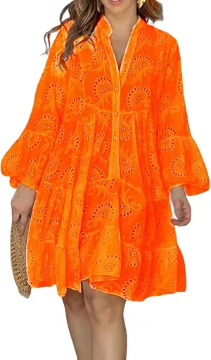 utcoco Womens Lined Embroidered Lace Eyelet 3/4 Trumpet Sleeve V Neck Half Button Swing A Line Mini Dresses
