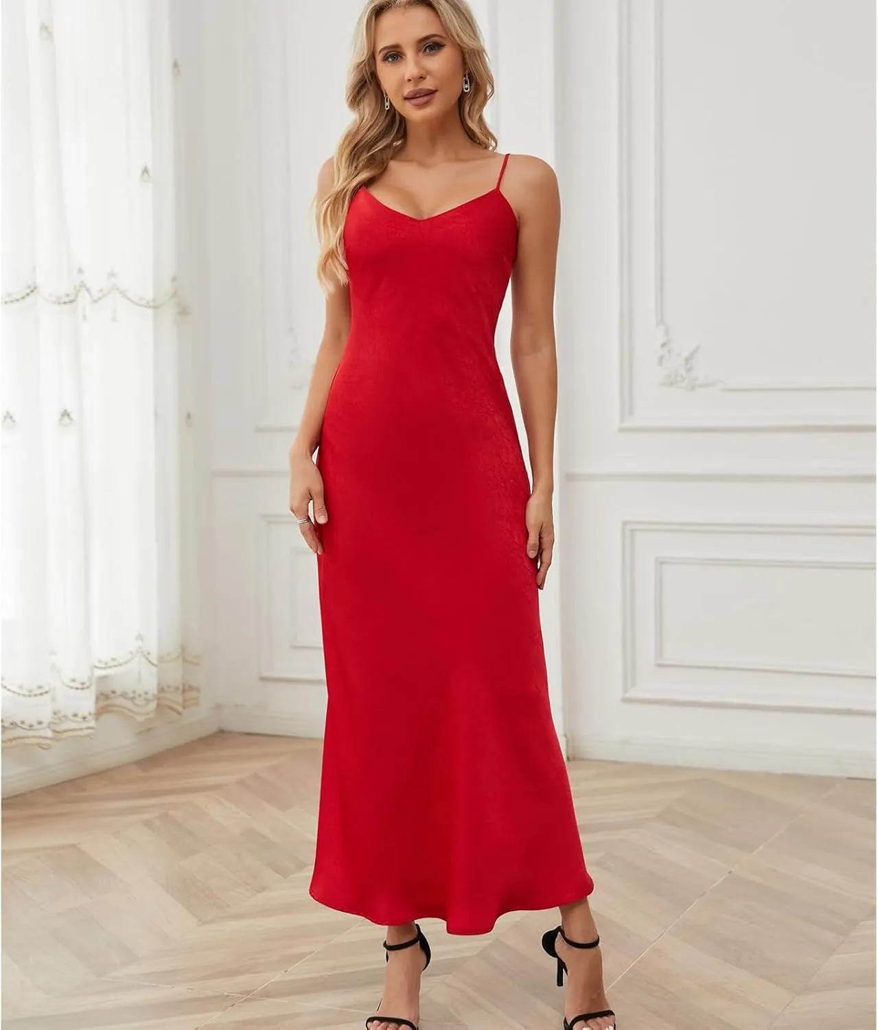 V neck Bias Cut Premium Satin Adjustable Strap Slip Maxi Dress