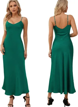 V neck Bias Cut Premium Satin Adjustable Strap Slip Maxi Dress