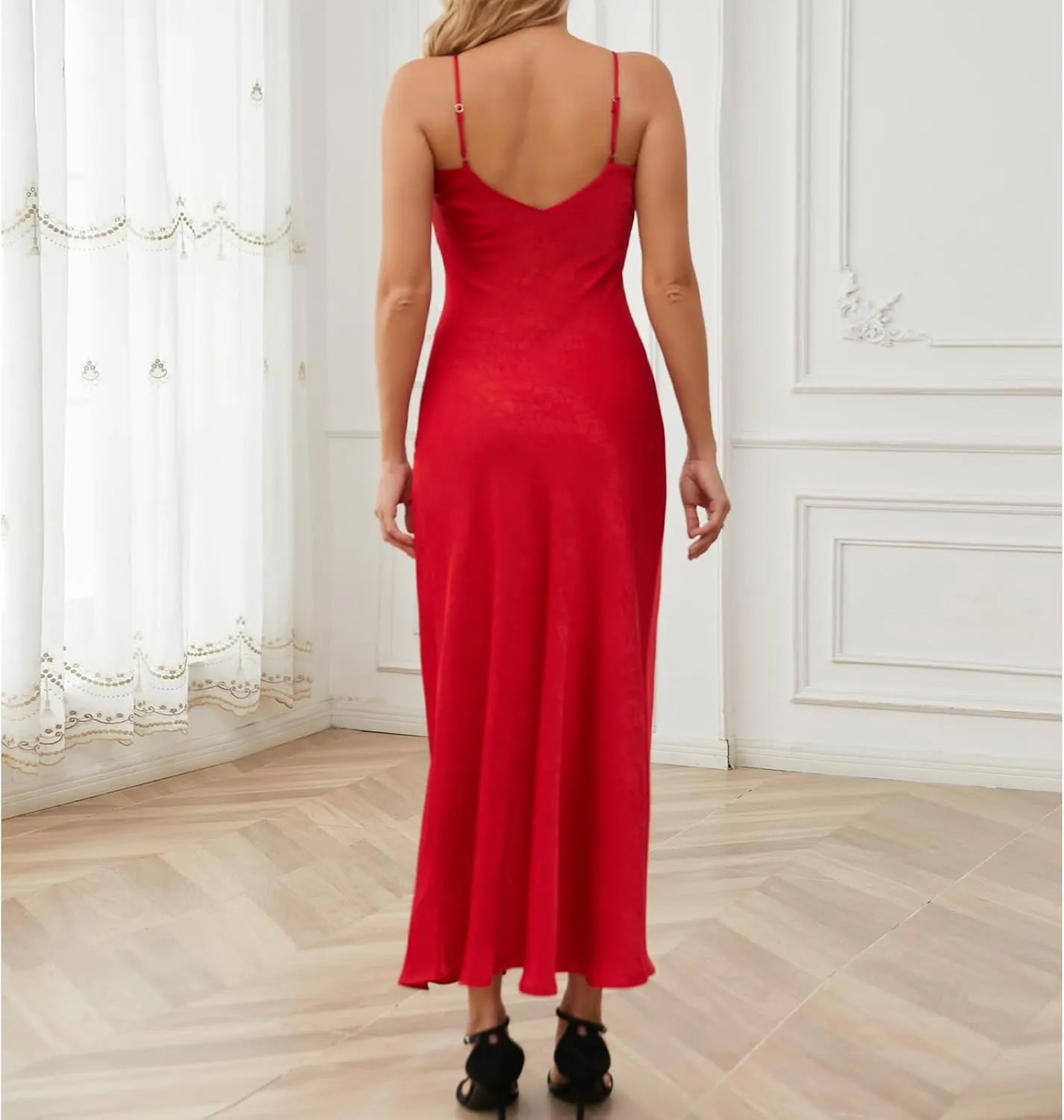 V neck Bias Cut Premium Satin Adjustable Strap Slip Maxi Dress
