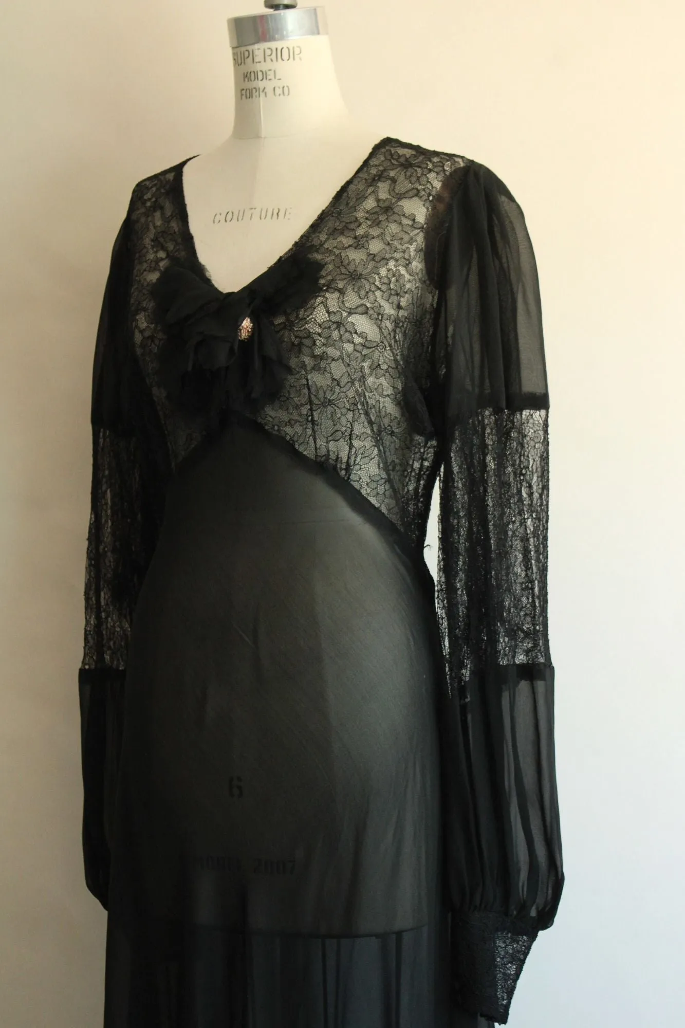 Vintage 1930s Black Chiffon and Lace Full Length Gown