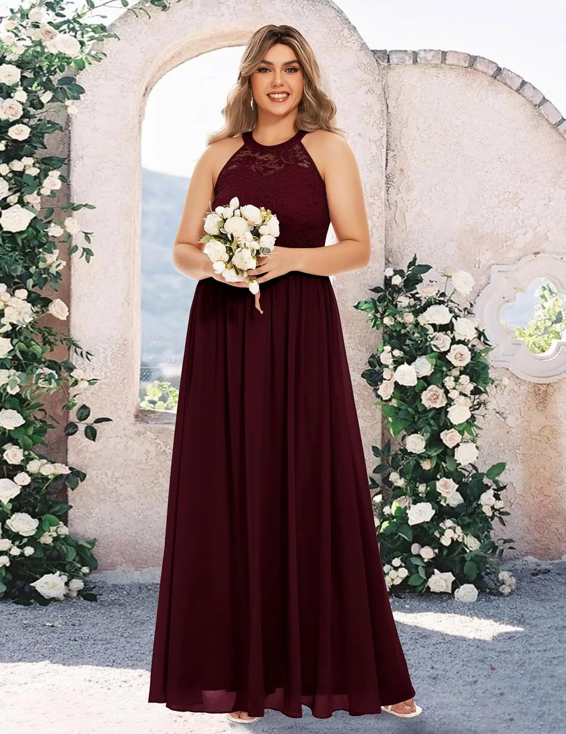 Wedtrend Women's Formal Dress, Halter Long Prom Dress Floral Lace Bridesmaid Dresses