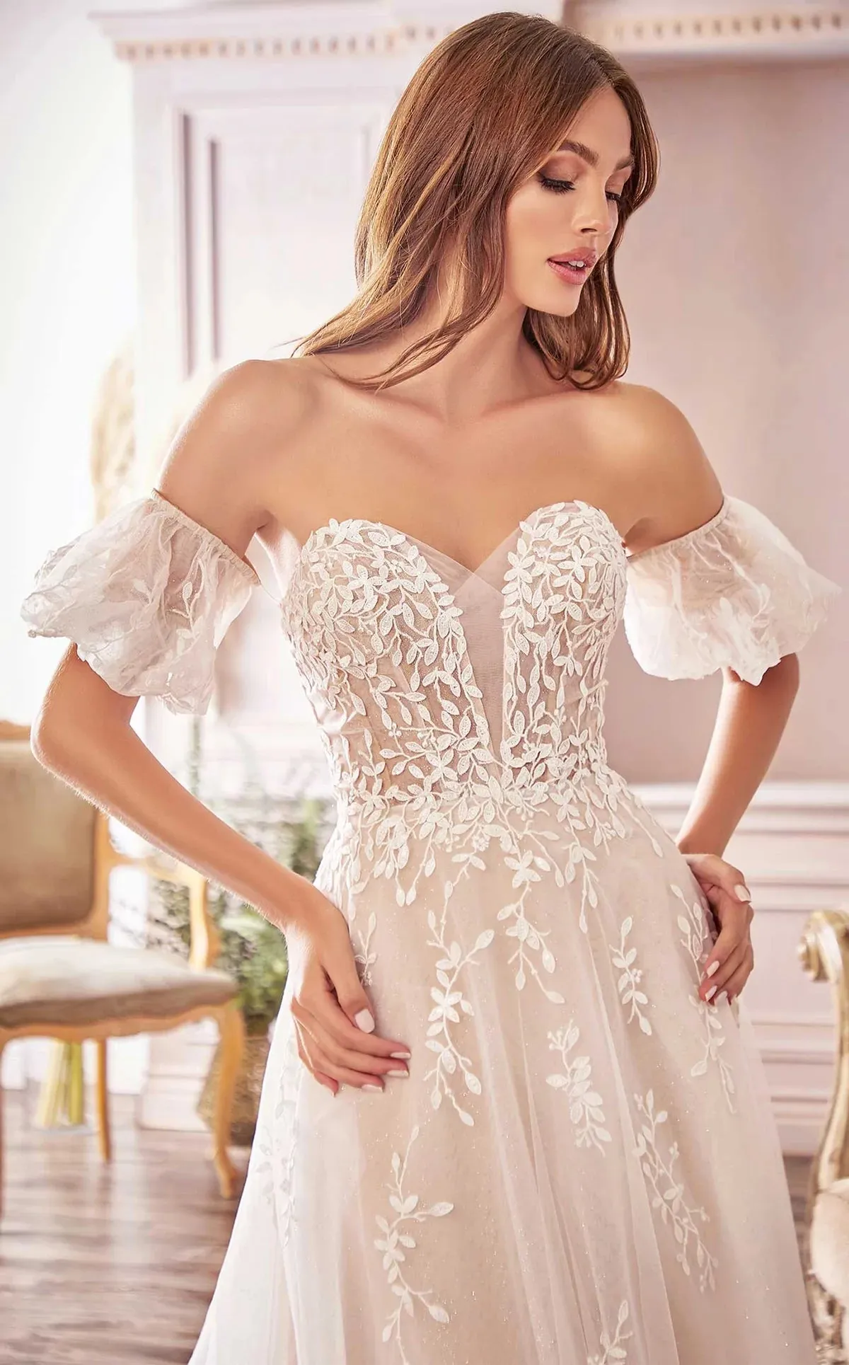Willow Lace Sparkly Off Shoulder Wedding Dress: Off White