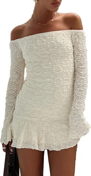 Womens 2025 Off The Shoulder Spring Dresses Long Sleeve Ruffle Bodycon Mini Wedding Guest Dresses