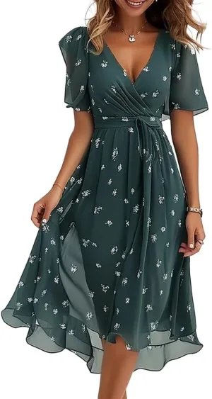Womens Boho Floral Printed Chiffon Dresses 2025 Elegant V Neck Belted Summer Wedding Prom Cocktail Midi Dress