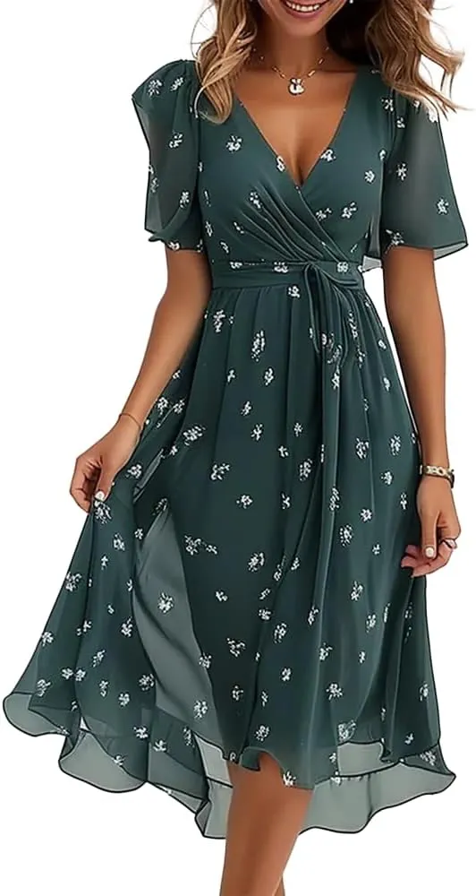 Womens Boho Floral Printed Chiffon Dresses 2025 Elegant V Neck Belted Summer Wedding Prom Cocktail Midi Dress