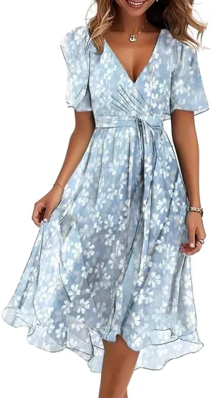 Womens Boho Floral Printed Chiffon Dresses 2025 Elegant V Neck Belted Summer Wedding Prom Cocktail Midi Dress
