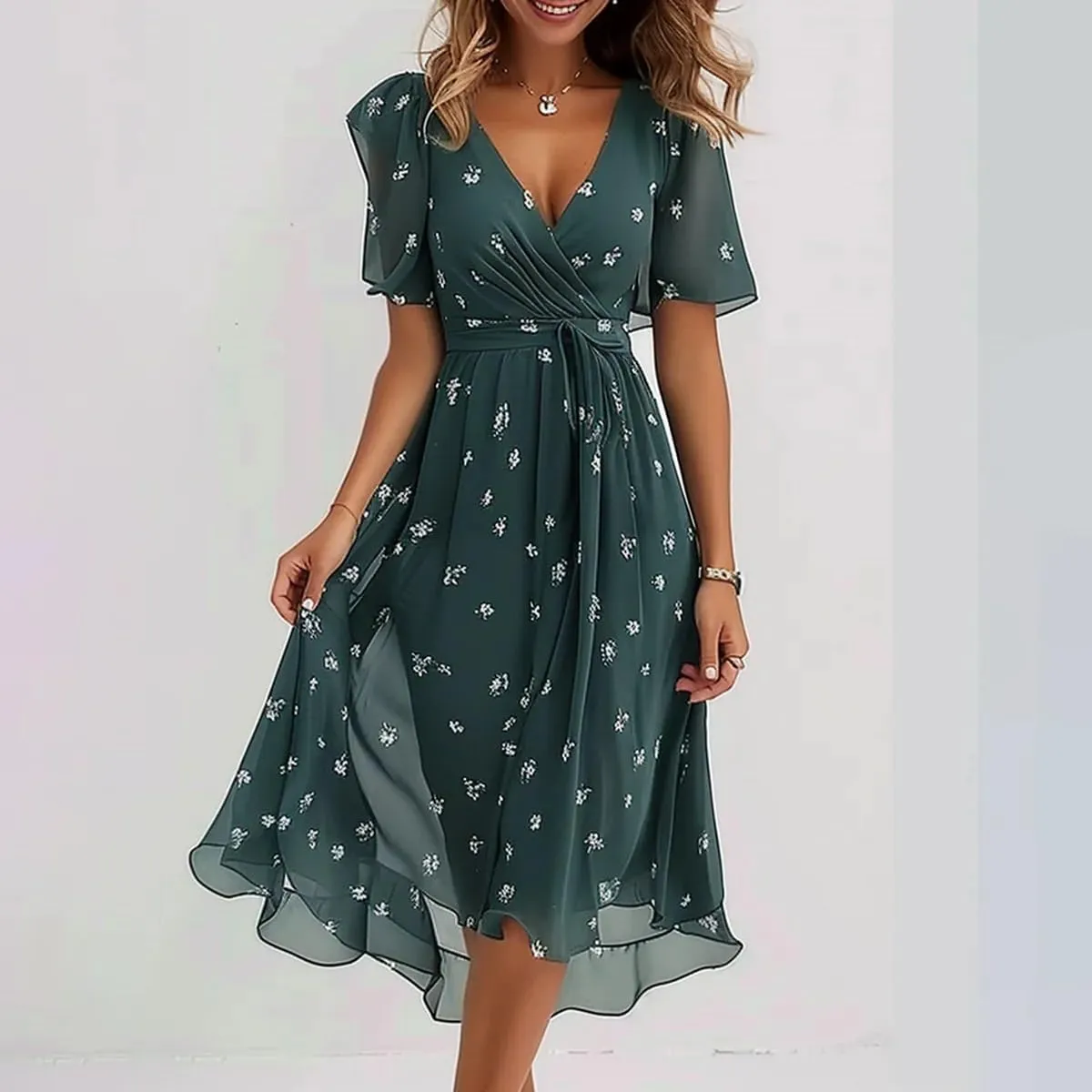Womens Boho Floral Printed Chiffon Dresses 2025 Elegant V Neck Belted Summer Wedding Prom Cocktail Midi Dress