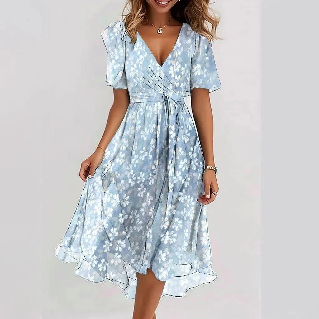 Womens Boho Floral Printed Chiffon Dresses 2025 Elegant V Neck Belted Summer Wedding Prom Cocktail Midi Dress