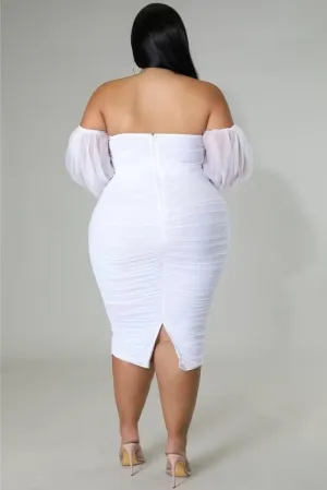 Women's Plus Size Off The Shoulder Mesh Long Sleeve Bodycon Ruched Midi Party Cocktail Dress