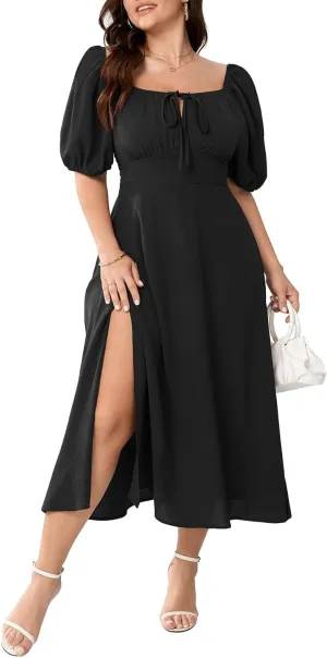 Women's Plus Size Summer Dress Short Sleeve Square Neck Milkmaid Dress Tie Front Split A-Line Maxi Long Dresses