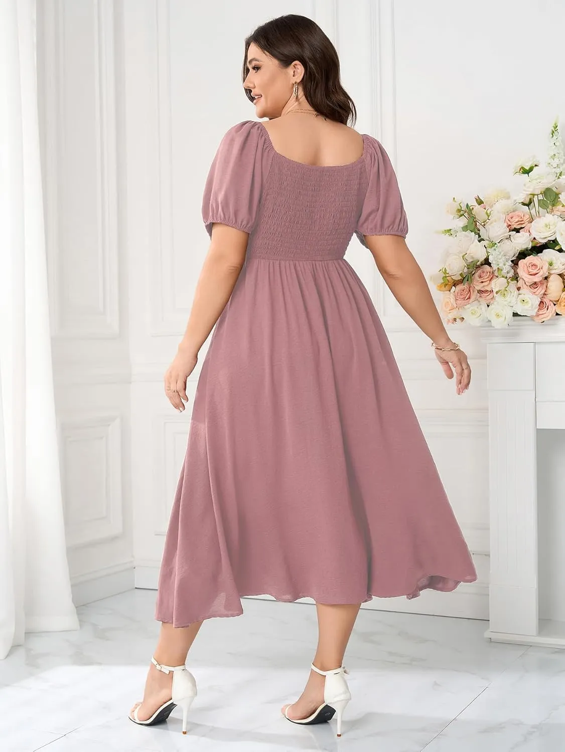 Women's Plus Size Summer Dress Short Sleeve Square Neck Milkmaid Dress Tie Front Split A-Line Maxi Long Dresses