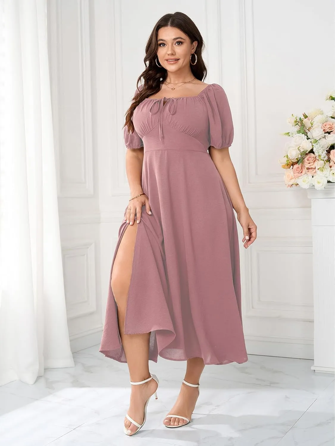 Women's Plus Size Summer Dress Short Sleeve Square Neck Milkmaid Dress Tie Front Split A-Line Maxi Long Dresses