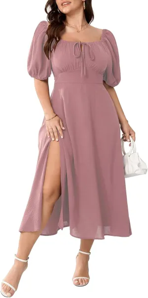 Women's Plus Size Summer Dress Short Sleeve Square Neck Milkmaid Dress Tie Front Split A-Line Maxi Long Dresses