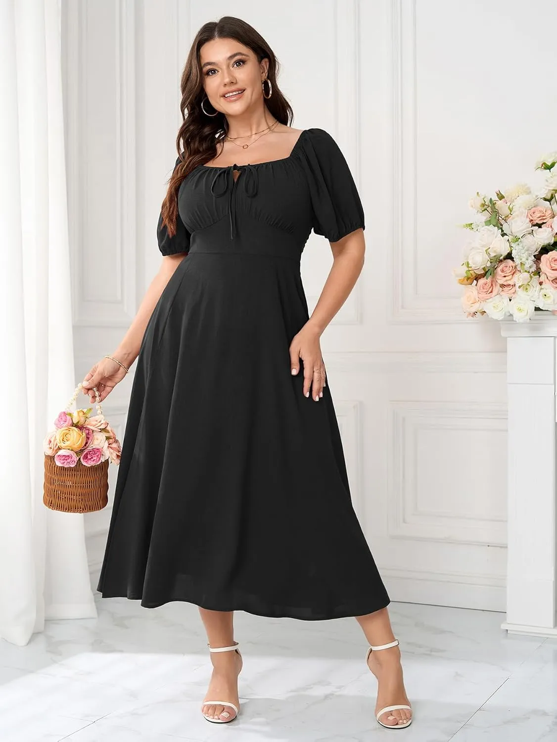 Women's Plus Size Summer Dress Short Sleeve Square Neck Milkmaid Dress Tie Front Split A-Line Maxi Long Dresses