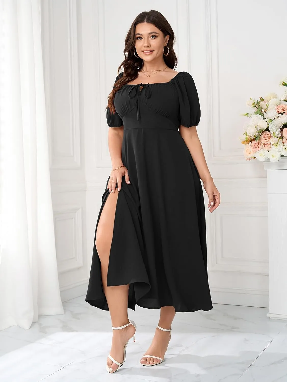 Women's Plus Size Summer Dress Short Sleeve Square Neck Milkmaid Dress Tie Front Split A-Line Maxi Long Dresses