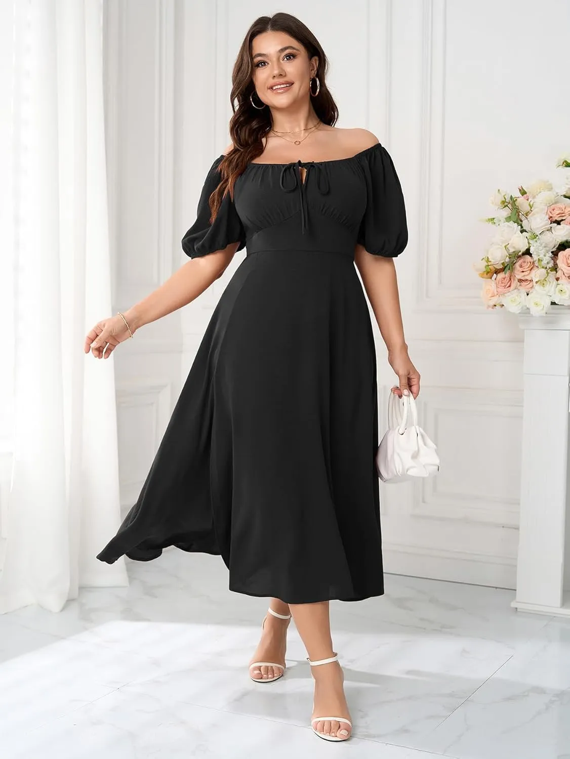 Women's Plus Size Summer Dress Short Sleeve Square Neck Milkmaid Dress Tie Front Split A-Line Maxi Long Dresses