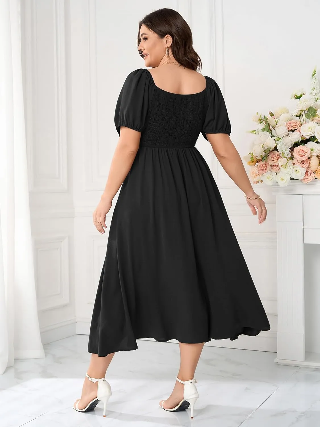 Women's Plus Size Summer Dress Short Sleeve Square Neck Milkmaid Dress Tie Front Split A-Line Maxi Long Dresses