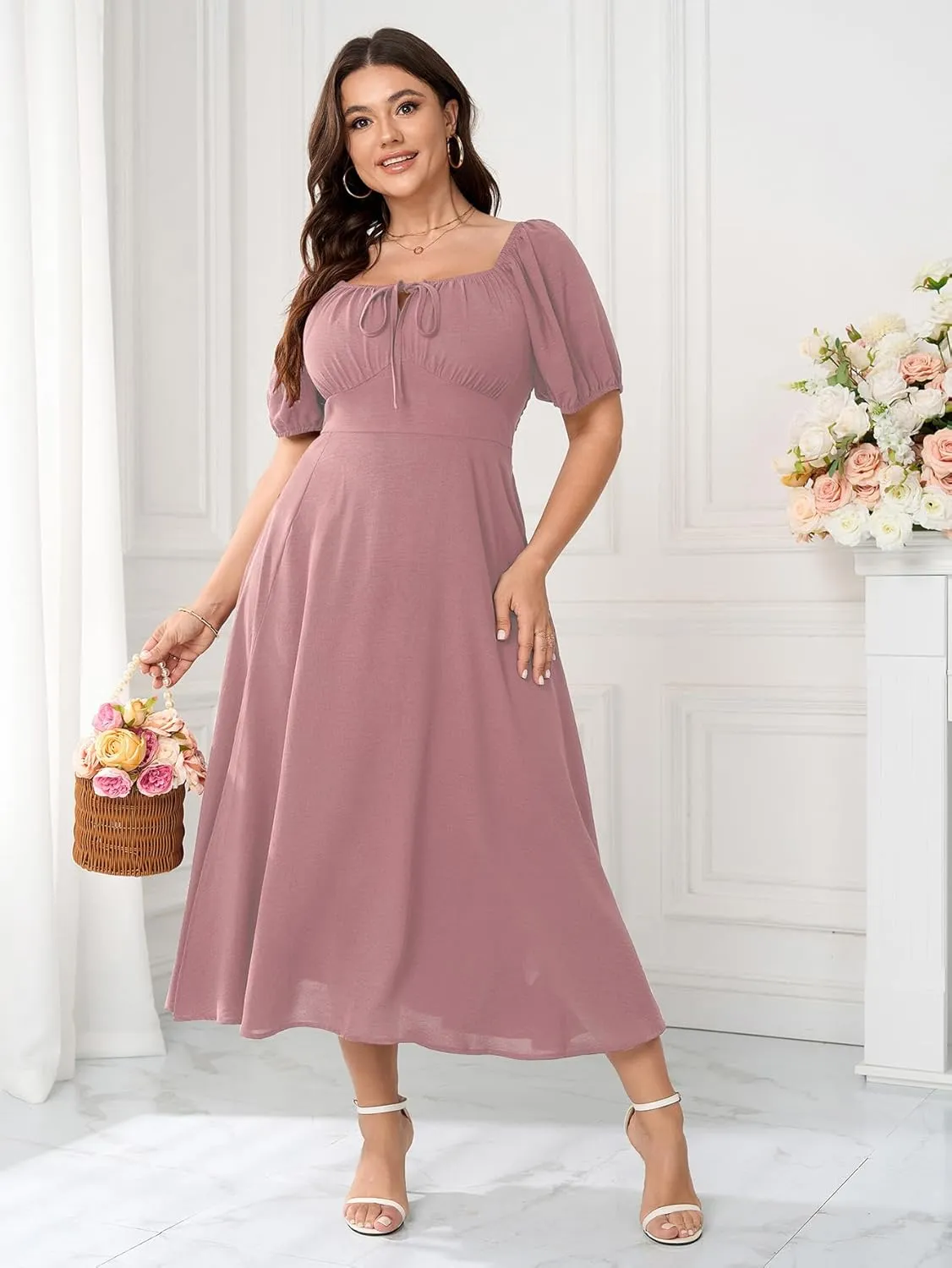Women's Plus Size Summer Dress Short Sleeve Square Neck Milkmaid Dress Tie Front Split A-Line Maxi Long Dresses