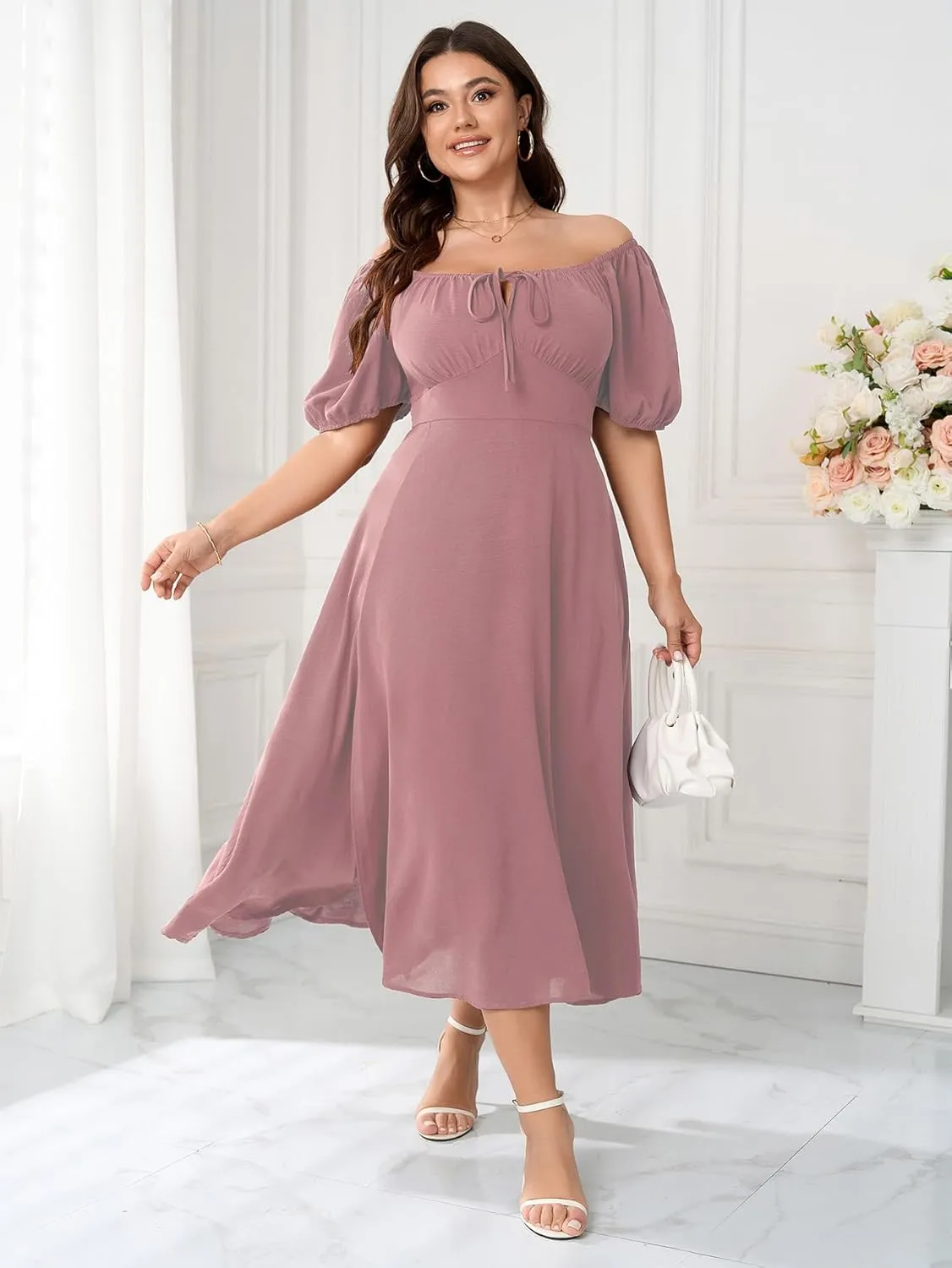 Women's Plus Size Summer Dress Short Sleeve Square Neck Milkmaid Dress Tie Front Split A-Line Maxi Long Dresses