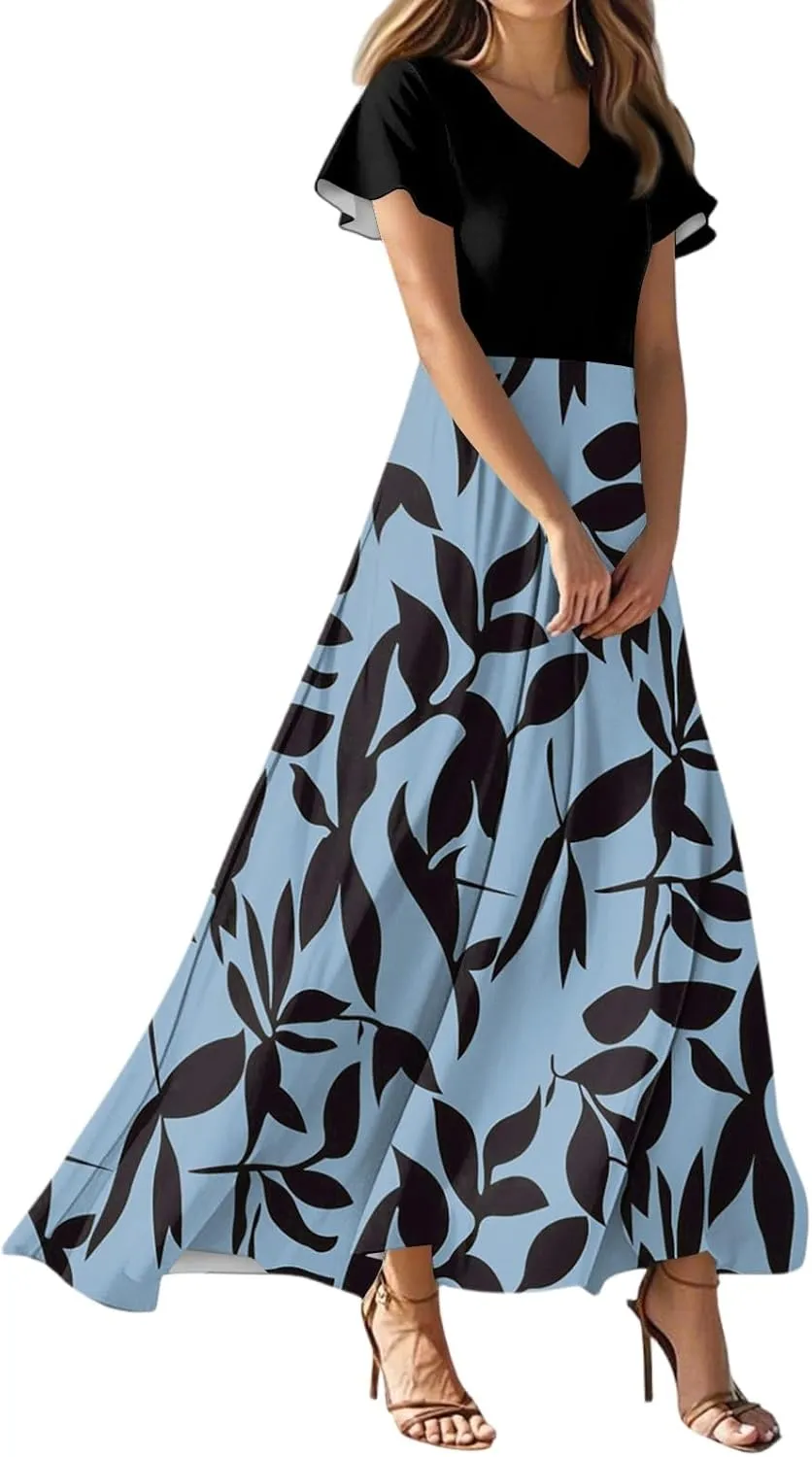 Women's Short Sleeve Floral Maxi Dress 2025 Summer V Neck Loose Plain Empire Waist Casual Wedding Guest Dresses