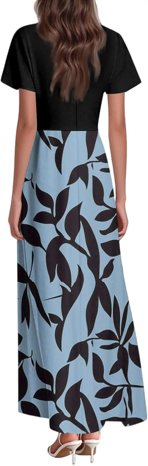 Women's Short Sleeve Floral Maxi Dress 2025 Summer V Neck Loose Plain Empire Waist Casual Wedding Guest Dresses