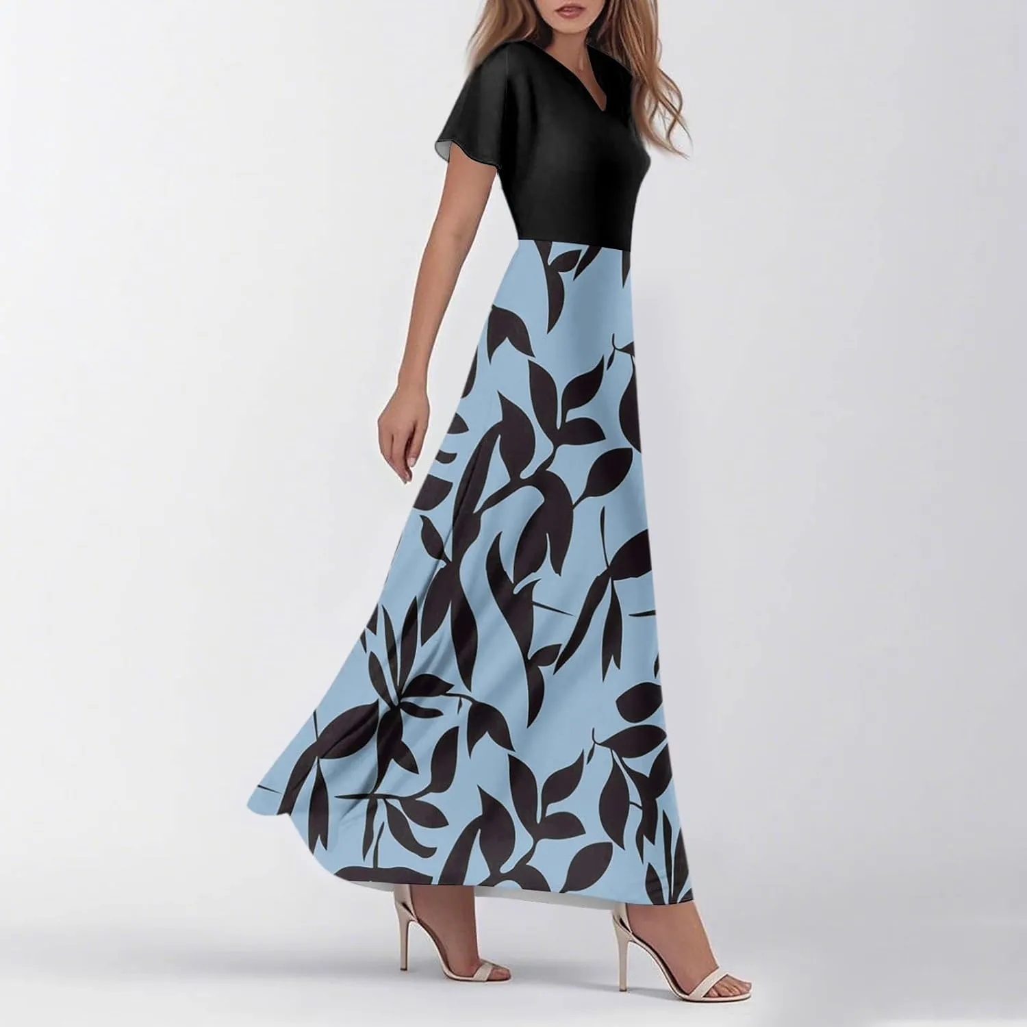 Women's Short Sleeve Floral Maxi Dress 2025 Summer V Neck Loose Plain Empire Waist Casual Wedding Guest Dresses